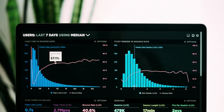 Performance analytics graphs on a laptop screen
