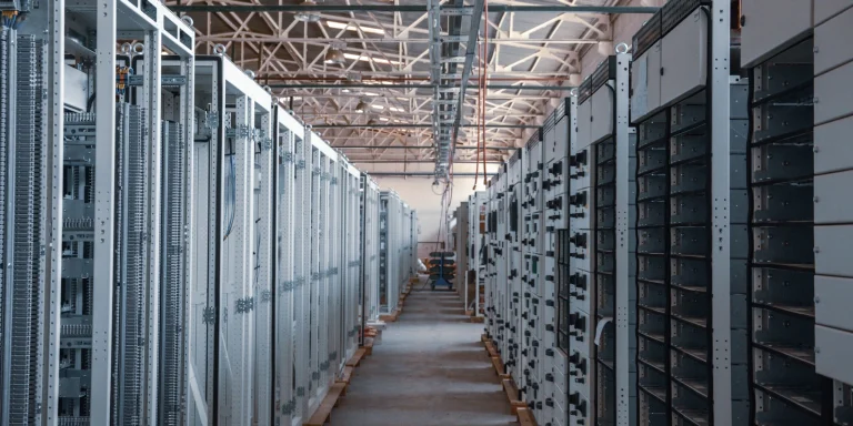Server room aisle lined with equipment racks